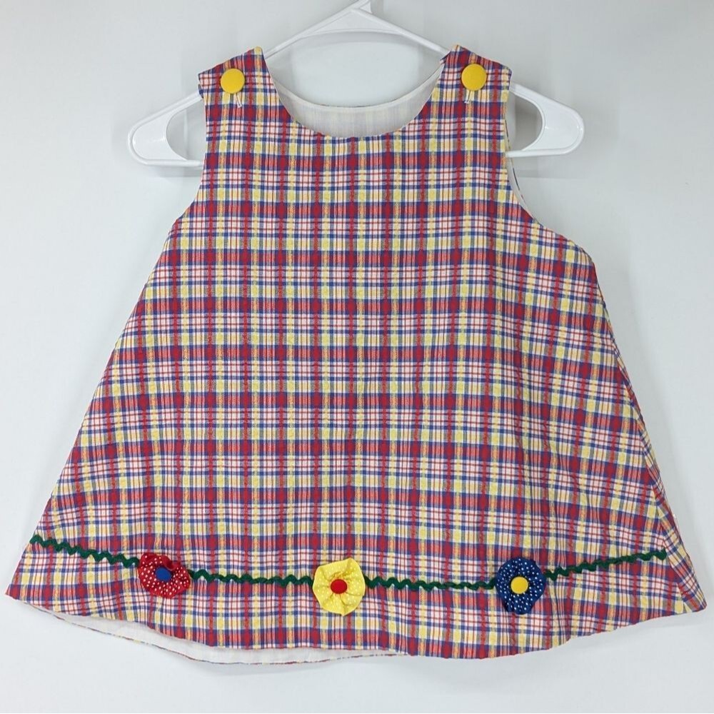 Vintage Jacob's Ladder Little Girl's Primary Colors Plaid Flower Trapeze Dress 6